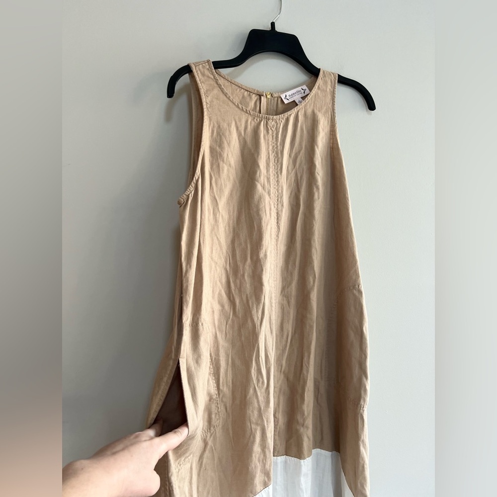 Nanette Lepore Hi-Lo Asymetrical Linen Blend Dress w/Fringe Hem, Beige/White, 8 - Picture 6 of 10